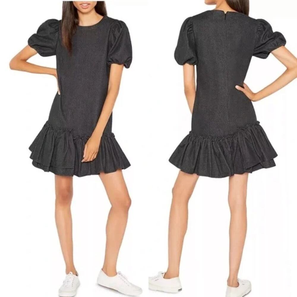 Likely Lionel Mini Dress 4 Black Denim Ruffle Hem Puff Sleeve Chic Trendy